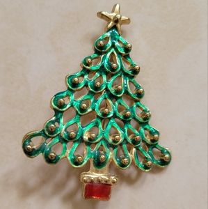 Vintage Enamel and Gold Beaded Shiny Christmas Tree Brooch/Pin
